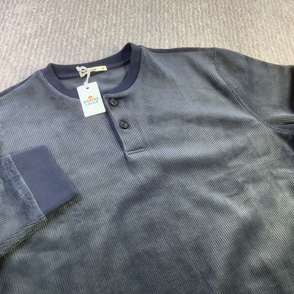Marine Layer Mens Velour Corduroy Henley India Ink Blue Grey Shirt Size M NWT